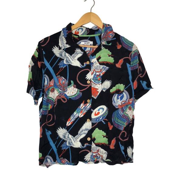 Re/Done 50s Hawaiian Shirt Short Sleeve Button-Down Top Japanese Tsuru Multi M - Picture 3 of 8